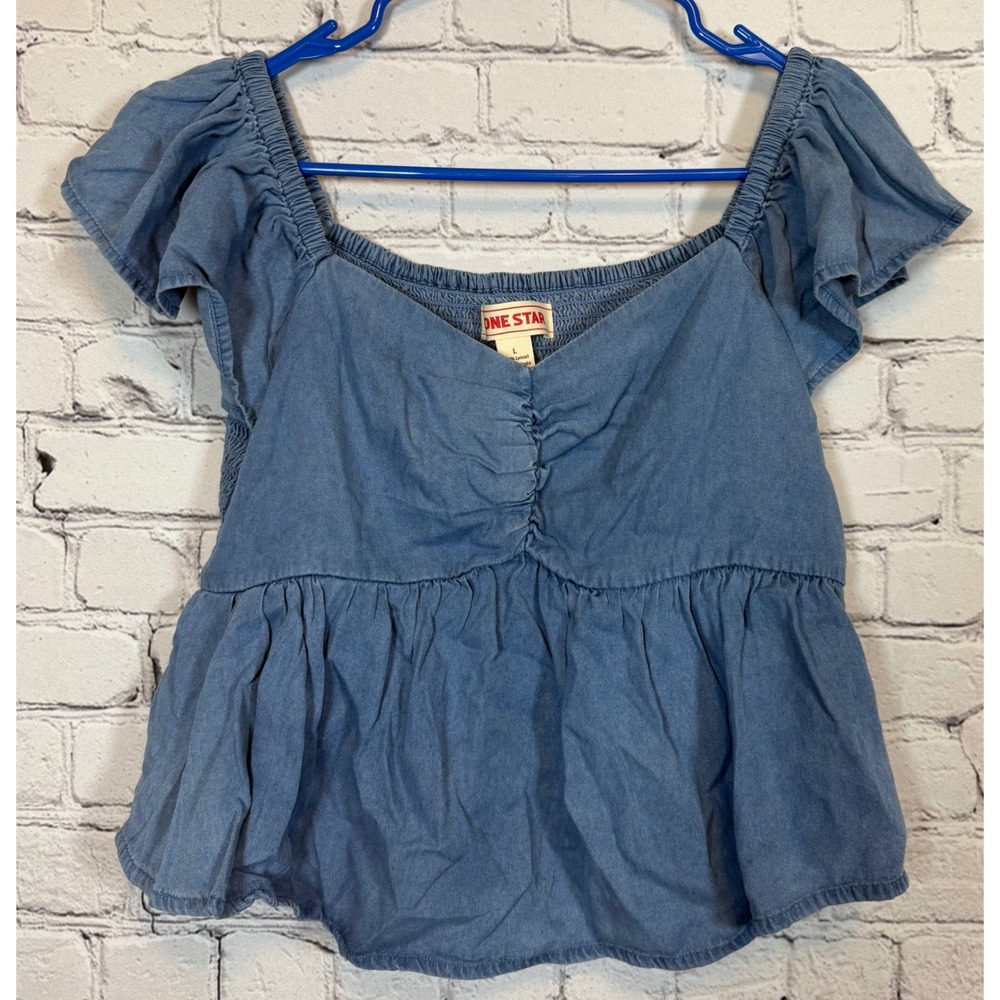 Lone Star Large NWT Smocked Peplum Top Ruffle Sleeve Square Neck Blue Large